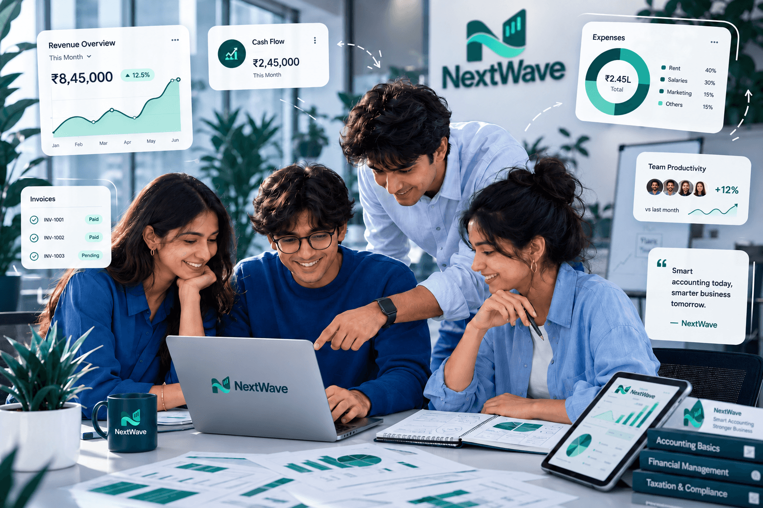 A NextWave team reviewing revenue, cash flow and invoices together
